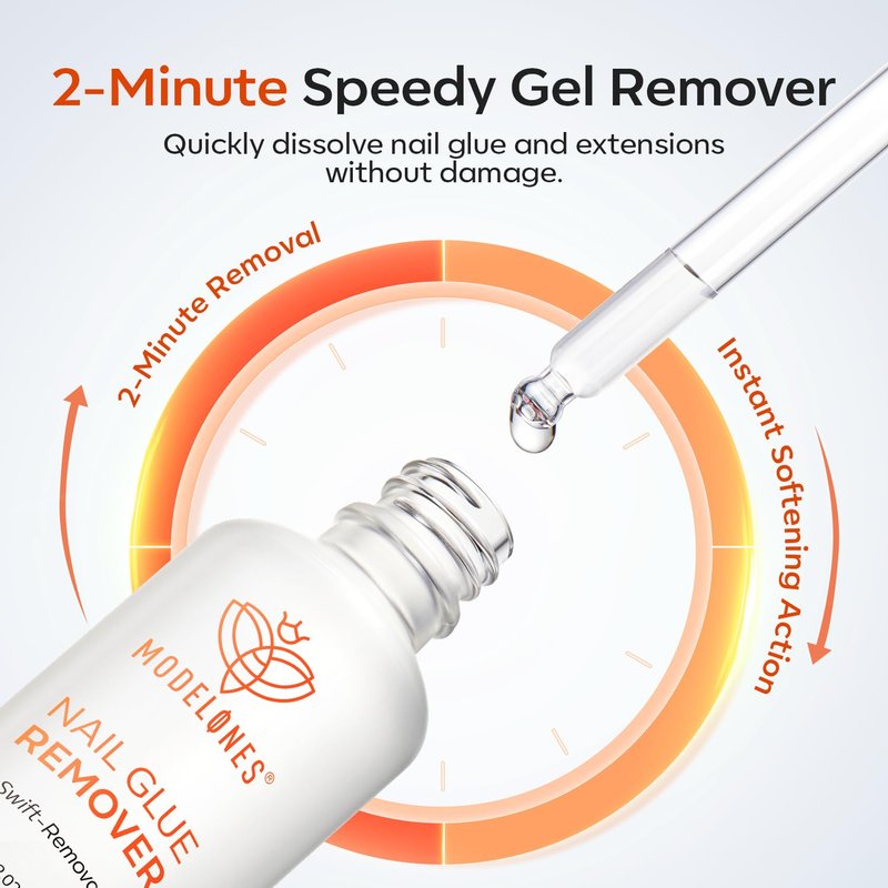 Modelones 50 ML Nail Glue Remover for Base Coat Press On Nails, Upgrade Clear Stick On Nails Remover for Acrylic Tips, Nail Polish Remover with Wood Stick