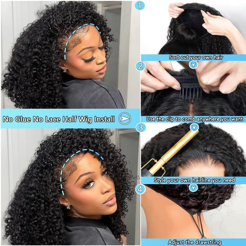 QUANDIAN Kinky Curly Half Wig Human Hair 26 Inch Wear Go Glueless Wigs Human Hair 200% Density Curly Half Wigs for Black Women Human Hair Afro Curly Drawstring Seamless Flip Wig Invisible Hairline