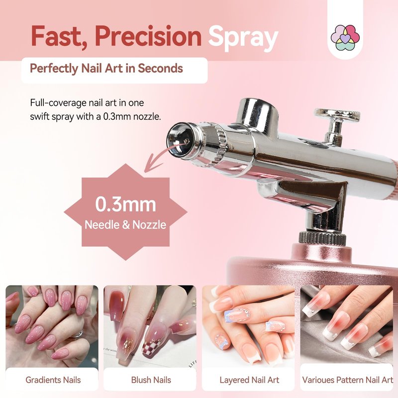 SAVILAND Salon-Grade Airbrush Kit: 25 PSI Super-Stable, Rechargeable Nail Art Machine with 0.3mm Nozzle & Dual Modes - Professional Tool for Gel Nails, Ombre & French Manicure at Home (Pink)