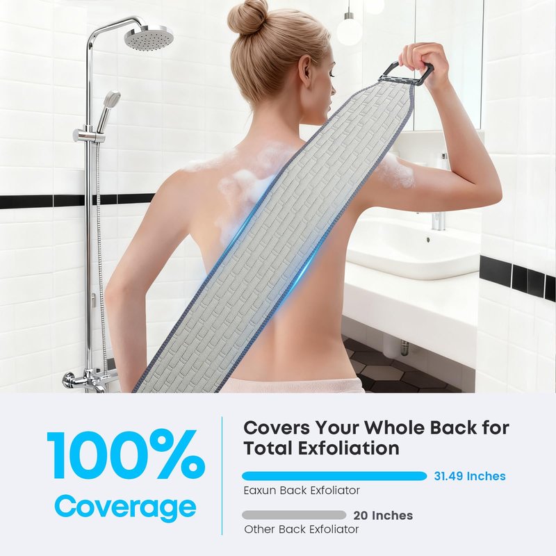 eaxun Exfoliating Back Scrubber with Plastic Handles for Shower, 36 Inches Wider Bath Back Exfoliator Body Cleaner for Men, Women and Elderly, Dual-Sided Roughness Back Washer for Deep Cleansing