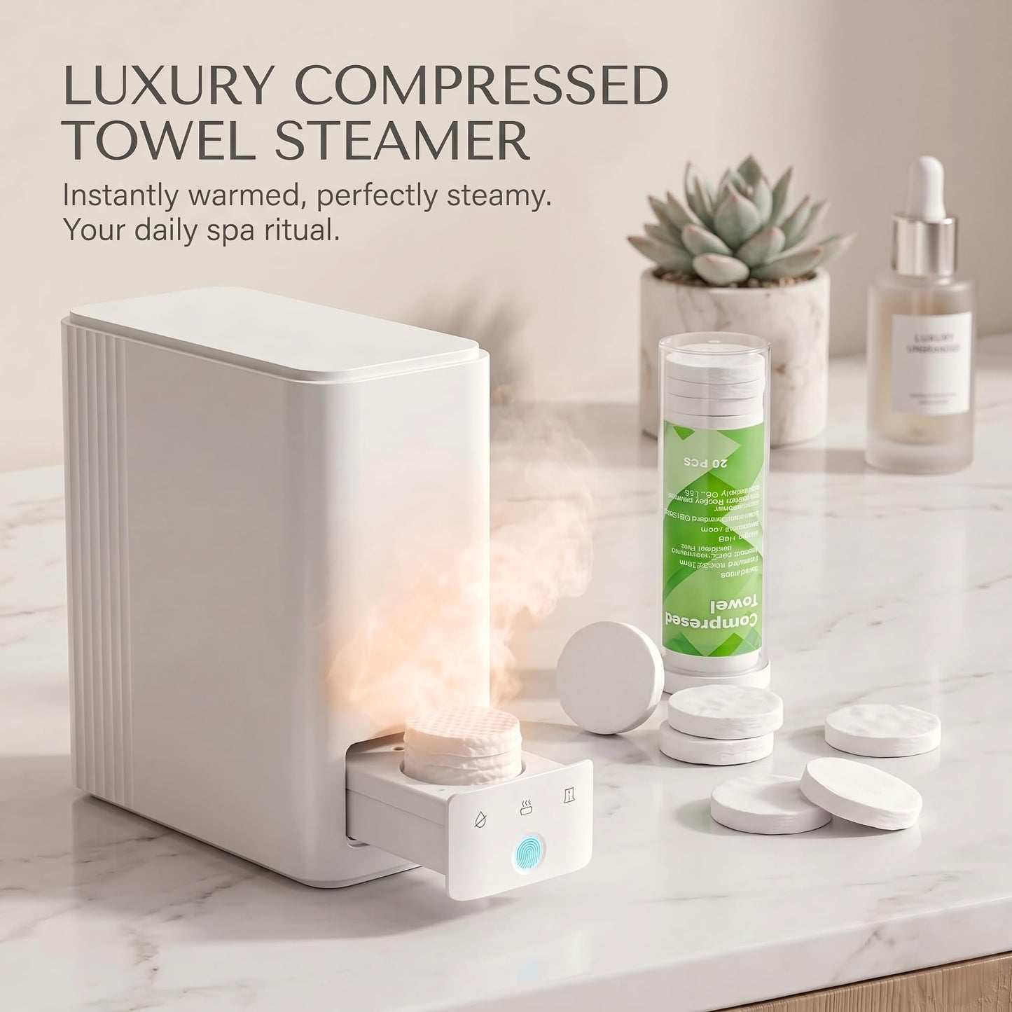 Villegloire Hot Towel Dispenser, 5s Instant Heating Automatic Facial Towel Warmer (131°F), Jam-Free Compressed Towel Machine for Skincare, Sensitive Skin & Baby Care, with 20 Compressed Towels
