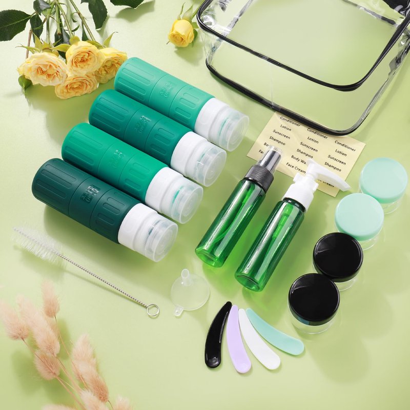 GLAMFIELDS Travel Bottles for Toiletries,TSA Approved 3.3oz Size LeakProof Silicone Toiletry Containers for Shampoo, Conditioner,Easy to Squeeze，Portable Travel Essentials for Lotion(18 Pack) Green