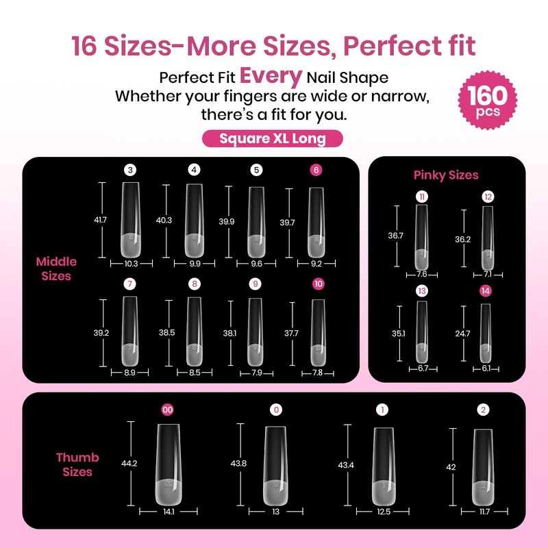 Beetles Tipex Lite Instant Apex Nail Tips, XL Long Square, 16 Sizes | 00–14, 160PCS, Built-in Apex Acrylic Tips for Flat & Natural Nail Beds, Beginner-Friendly Easy DIY Nail Extensions