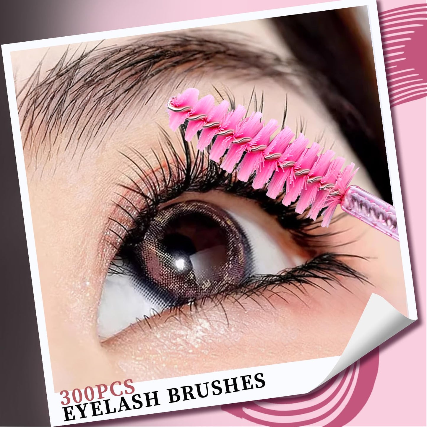 Teenitor 300PCS Mascara Wands Disposable, Lash Wands Eyelash Brush Mascara Spoolies, Eyebrow Spoolie for Eye Lash Extensions, Disposable Makeup Applicators with Container, Crystal Pink