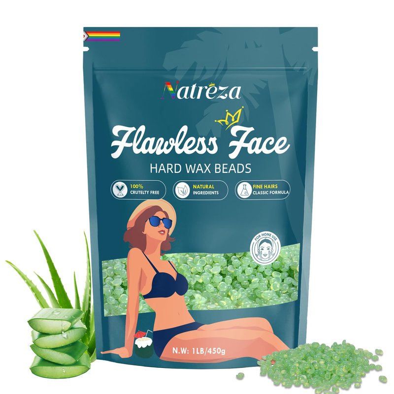 Natreza Hard Wax Beads for Hair Removal, 1lb Hard Wax for Sensitive Skin With Aloe Vera Extract, Formulated for Fine Hairs, Perfect Body Wax for Face Eyebrow Chin Upper Lip Leg Arm Bikini Waxing