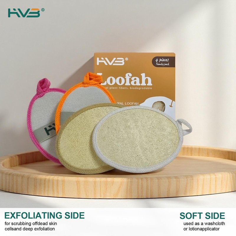 HVB Natural Loofah Exfoliating Bath Sponge, Made from Natural loofah, Unisex, Suitable for Both Facial and Body Cleansing – Pack of 4 (1 Box)