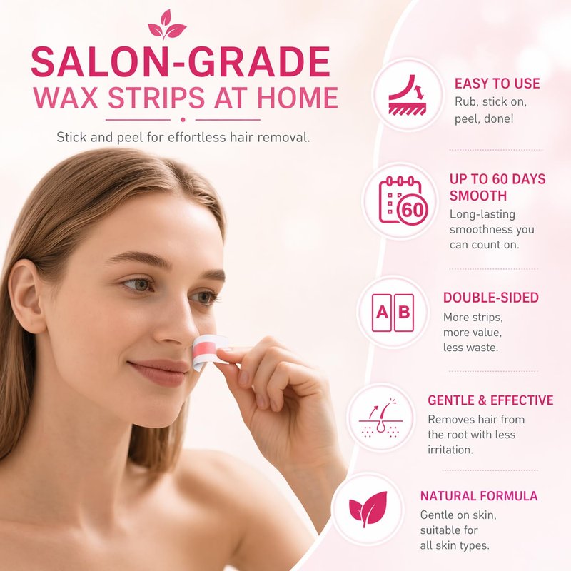 48Pcs Facial Wax Strips for Women, Upper Lip & Eyebrow Hair Removal, Hypoallergenic for Sensitive Skin, Removes Even Short Hair, Up to 5 Weeks Smooth, Easy No-Heat Waxing Kit