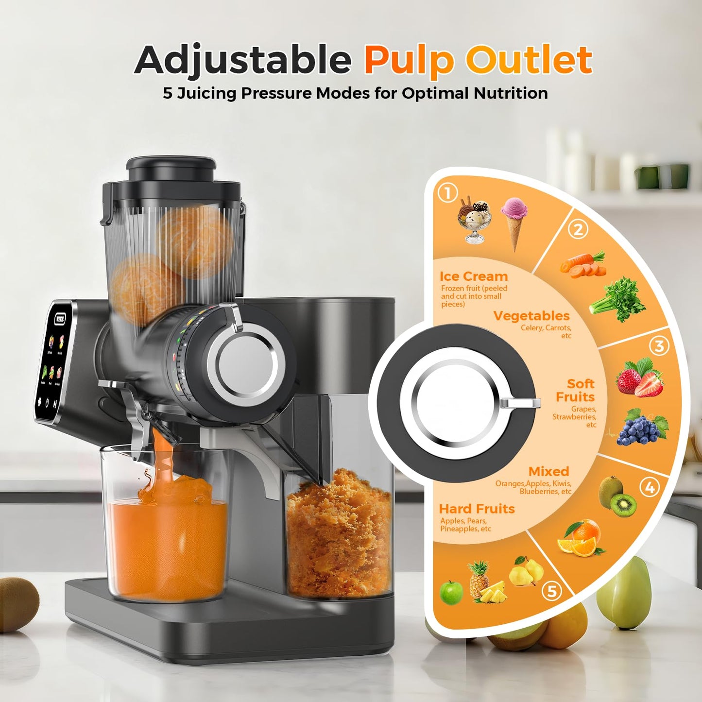 WETIE Cold Press Juicer, Slow Masticating Juicers Machines with Touch Screen, Adjustable Juicing Pressure, 99% Juice Yield, 3.54'' Wide Chute Juicer Extractor, Easy to Clean with Brush & Recipes