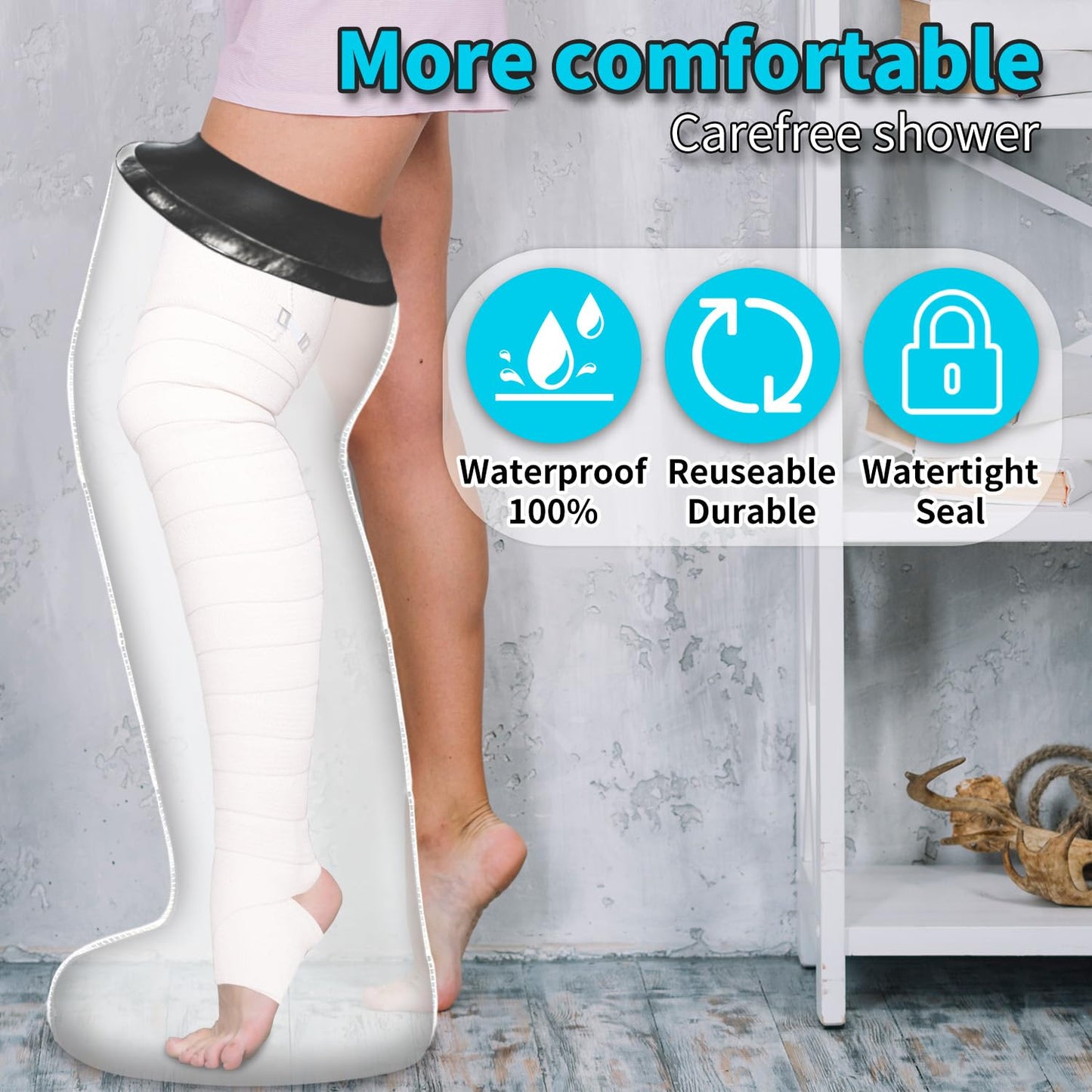 Adult leg cast protector for shower, KT1190 Waterproof Shower Bandage and Cast Cover Full Leg Shower Protector Watertight Protection to Broken Leg, Knee, Foot, Ankle Wound, Burns Reusable