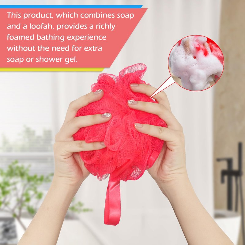 Bath Shower Loofah with Strawberry-Scented Soap – Soft & Exfoliating Body Scrubber, Soap-Infused Loofah, Luxurious Spa Experience, Durable (Red - Strawberry, Medium (Pack of 1))