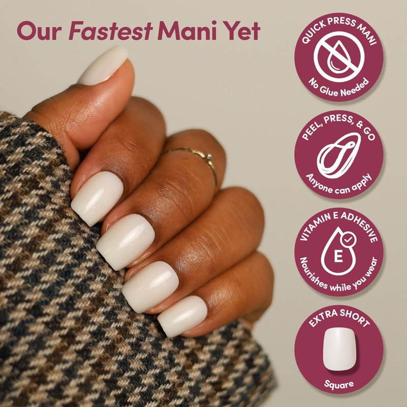 Glamnetic Quick Press Mani | No Glue Press-On Nails - Square Extra Short, Mess-Free, Salon Quality | 30 Nail Kit in 15 Sizes