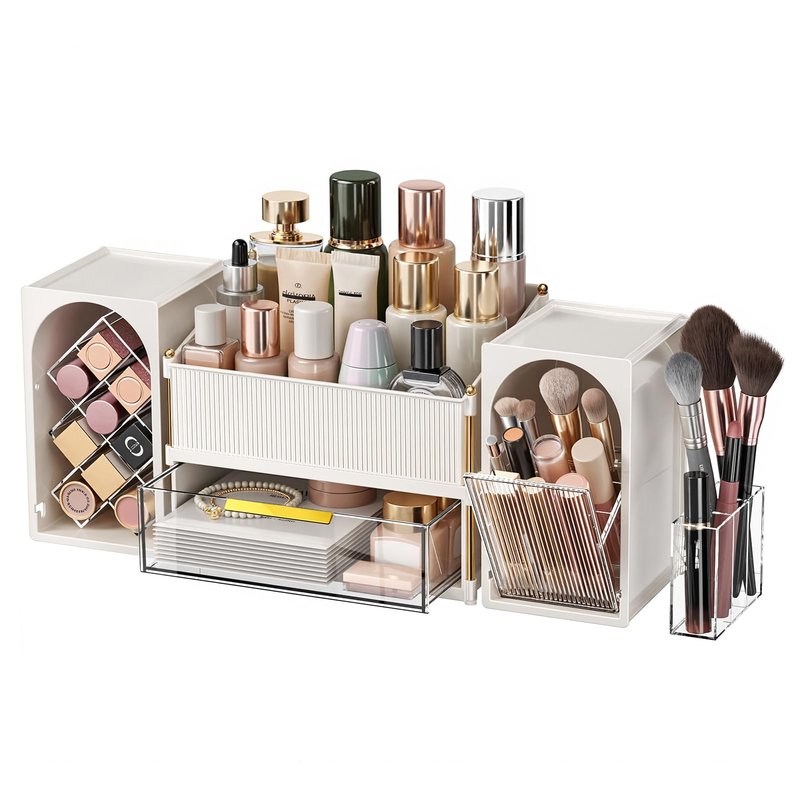 CVGETME Makeup Organizer for Vanity with Brush Holder, Large Bathroom Countertop Cosmetic Organizer Skin Care Storage, Easy to Store Lipsticks, Nail Polishes, Perfumes (White+Transparent)