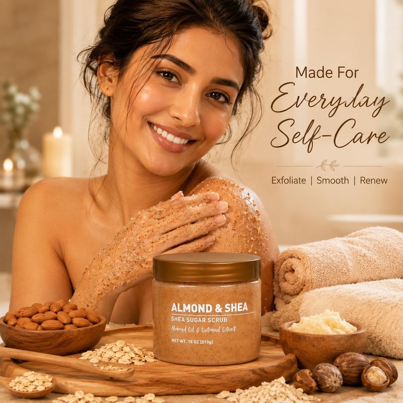 Veloura Shea Sugar Body Scrub with Almond & Shea Butter – Exfoliating Sugar Scrub for Body, Moisturizing Body Exfoliator for Dry & Dull Skin, Smooth Radiant Glow – 18 oz