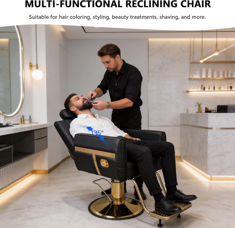 Ergonomic Reclining Barber Chair - Heavy-Duty Hydraulic Styling Seat | 550 LBS Capacity, Removable Headrest, Black
