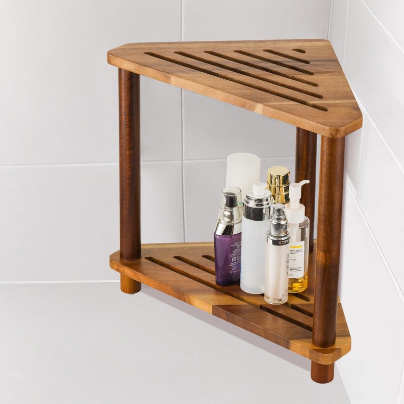 OKLILIYA Corner Shower Stool, Shower Foot Rest for Shaving Legs, Small Shower Acacia Wood Waterproof Shower Bench for Inside Shower Spaces (Corner Stool 03)