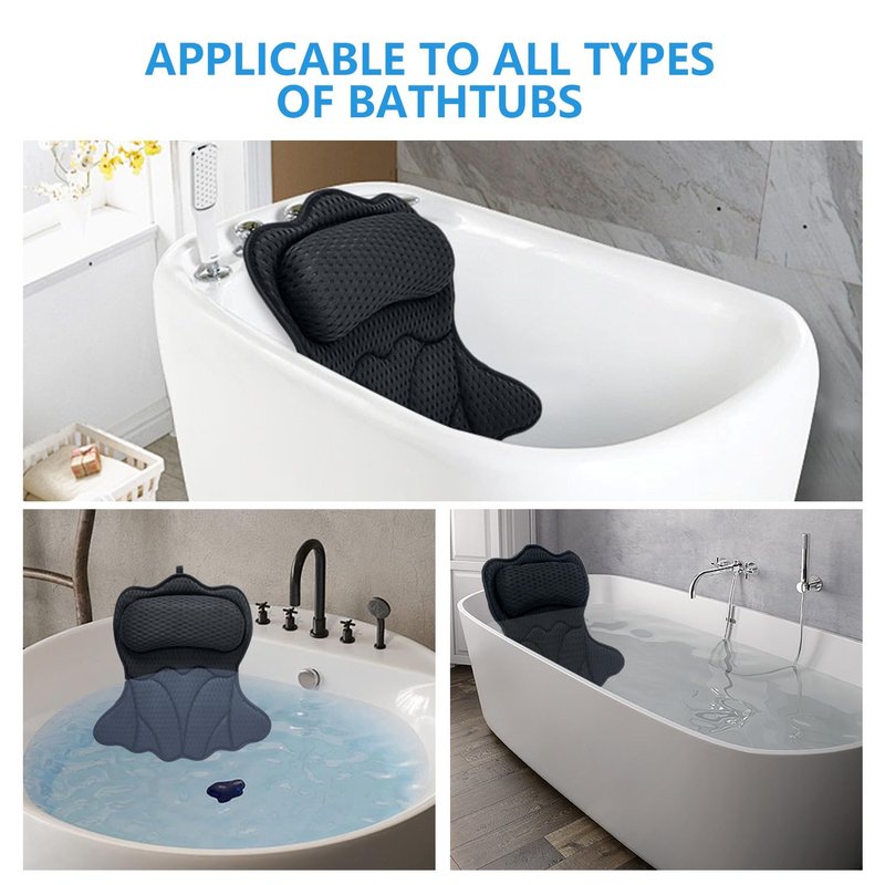 REEZEIVI Bath Pillows for Tub,Bath Pillow with 6 Non-Slip Suction Cups,Soft 4D Mesh Fabric,Bathtub Pillows for Tub Neck and Back Support,Extra Thick Luxury Bathtub Pillows,Black