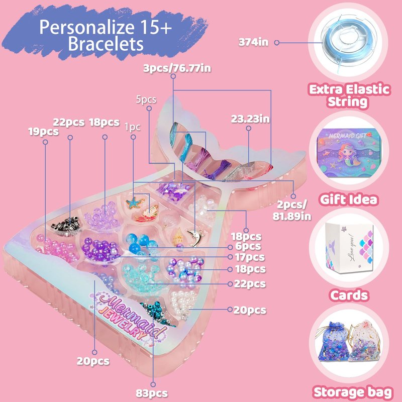 Danvren Mermaid Bracelet Making Kit for Girls, Mermaids Toys Jewelry Craft Christmas Birthday Gifts for Girl, 200+ DIY Beads,Charm Necklace Making Kits for Kids Ages 5-10