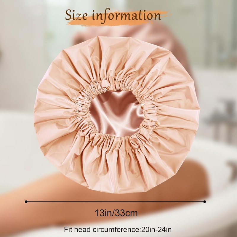 Shower Cap for Women, Reusable Waterproof Shower Cap Satin Lined with Soft Elastic Band, Large Washable Bath Caps(Apricot Pink)