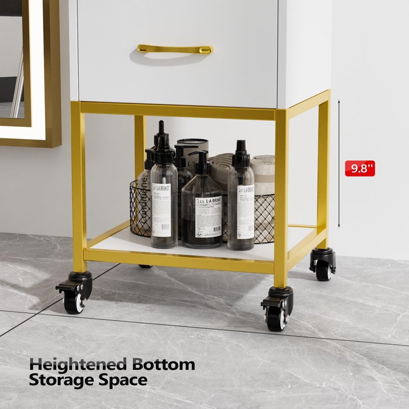 OmySalon Salon Storage Trolley Cart, White Gold Salon Station for Stylist, Beauty Wooden Hair Cabinet with Dryer Holder & Drawer, Hairdressing Tools Organizer Equipment for Spa Barbershop