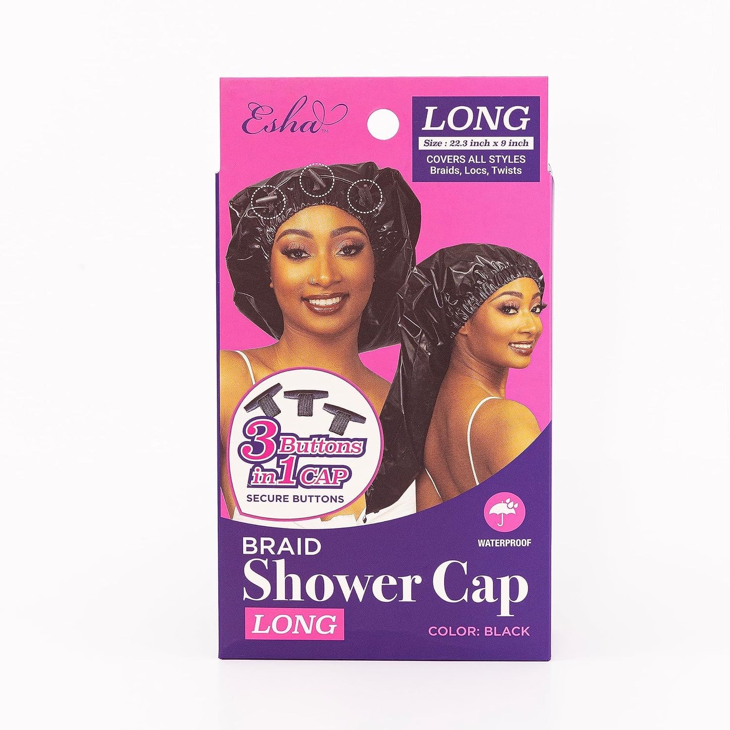 Esha Girl - Shower Cap for Extra Long Hair, Braids, Locs, Twists – Waterproof – Snug Fit Guarantees No Leaks – Easy Button Up (Black, Long (22.3" x 9"))