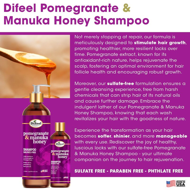 Difeel Pomegranate & Manuka Honey Shampoo - Sulfate-Free Formula for Strengthening & Moisturizing 33.8 oz