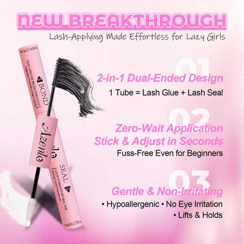 Azenlo 2-Pack Cluster Lash Bond and Seal Glue - Dual-Ended Lash Adhesive for Lash Extensions, Waterproof Latex-Free Strong Hold Lash Glue, All-Day Wear & Effortless Application for DIY Lash Clusters