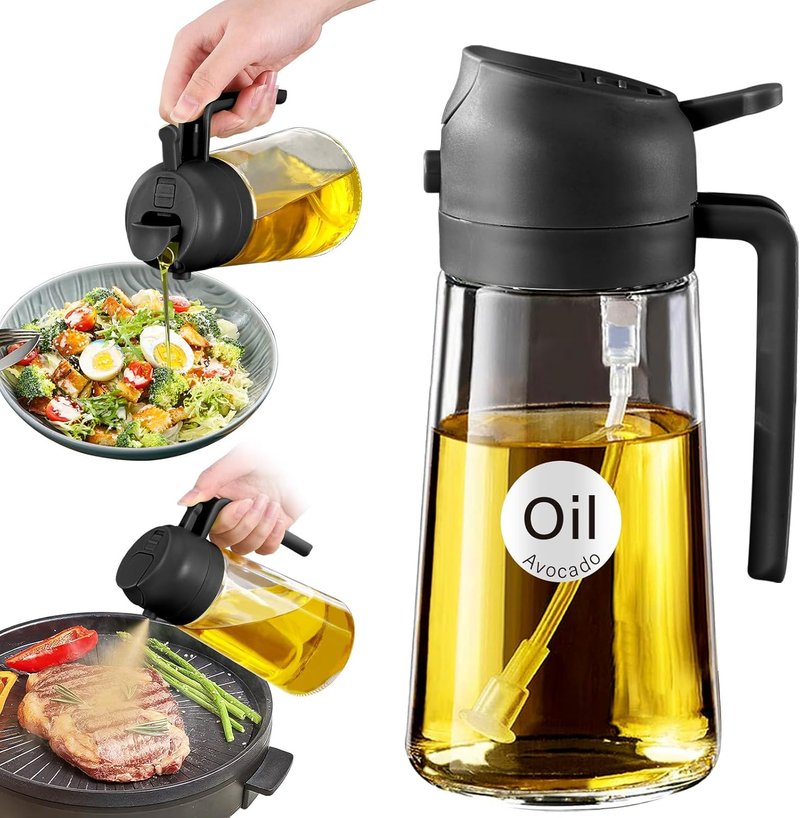 Glass Olive Oil Sprayer - 16oz Food Grade Spray Bottle for Cooking | Premium 2-in-1 Dispenser for Salad, Frying, BBQ (Black)