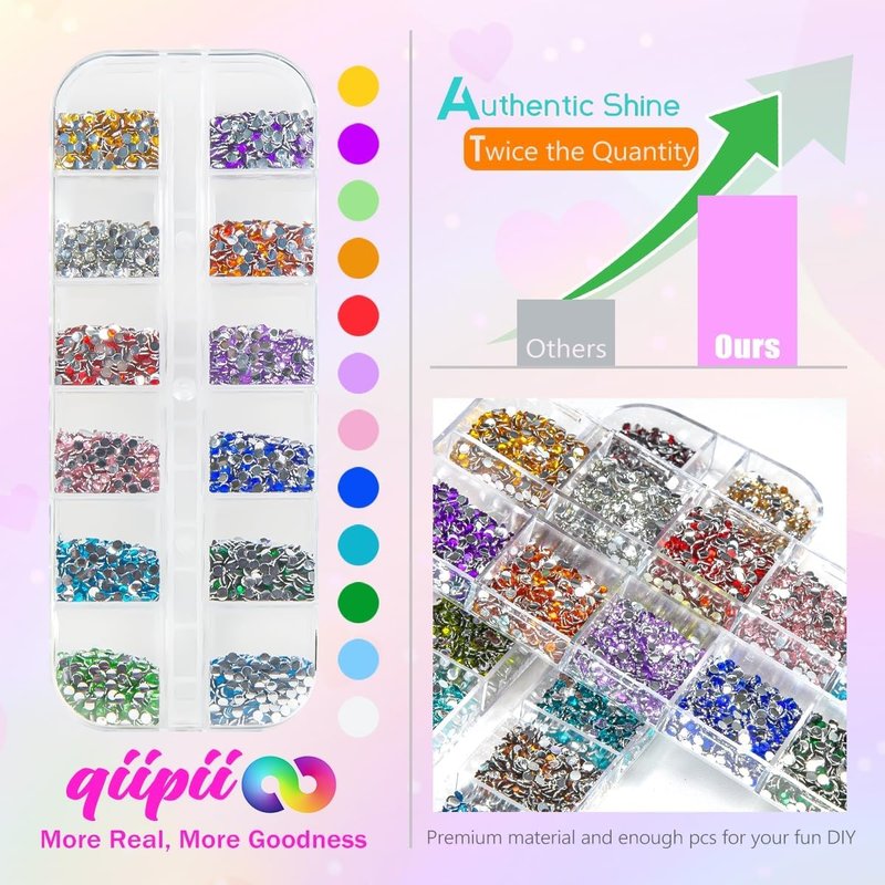 qiipii 24 Color 2mm Small Crystal Resin Rhinestones for Bedazzling Crafting SS6 Tiny Flatback Stones Colorful Gems Diamonds Charms for Nails Eyes Face Makeup Tumblers Bottles DIY Crafts Clothes Shoes