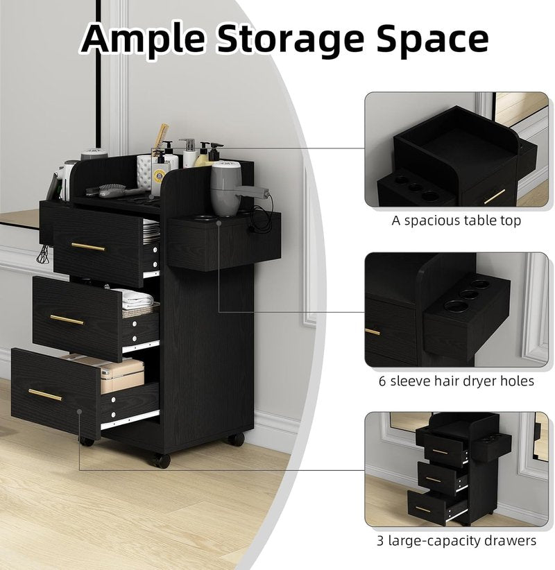 4ever2buy Rolling Salon Station - Hair Stylist Trolley Cart with Wheels, 6 Dryer Holders & 3 Drawers | Black & Gold