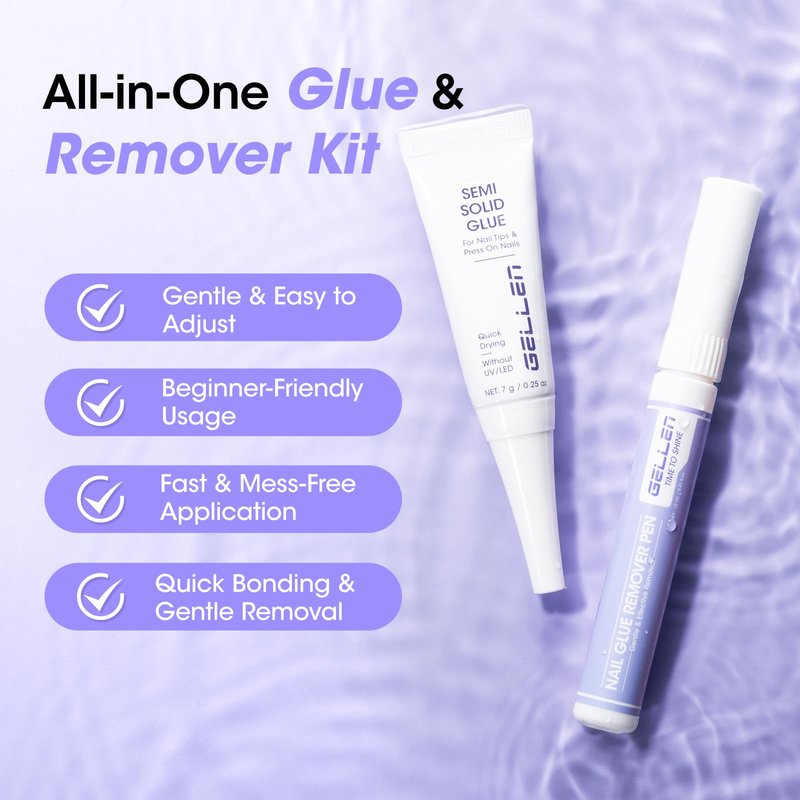 Gellen Semi Solid Nail Glue & Glue Remover for Press ons, Quick Dry Lamp-Free Nail Gel Glue for Nail Tips, Non-Acetone Nail Glue Remover Pen with Precision Nozzle, Safe & Gentle Formula