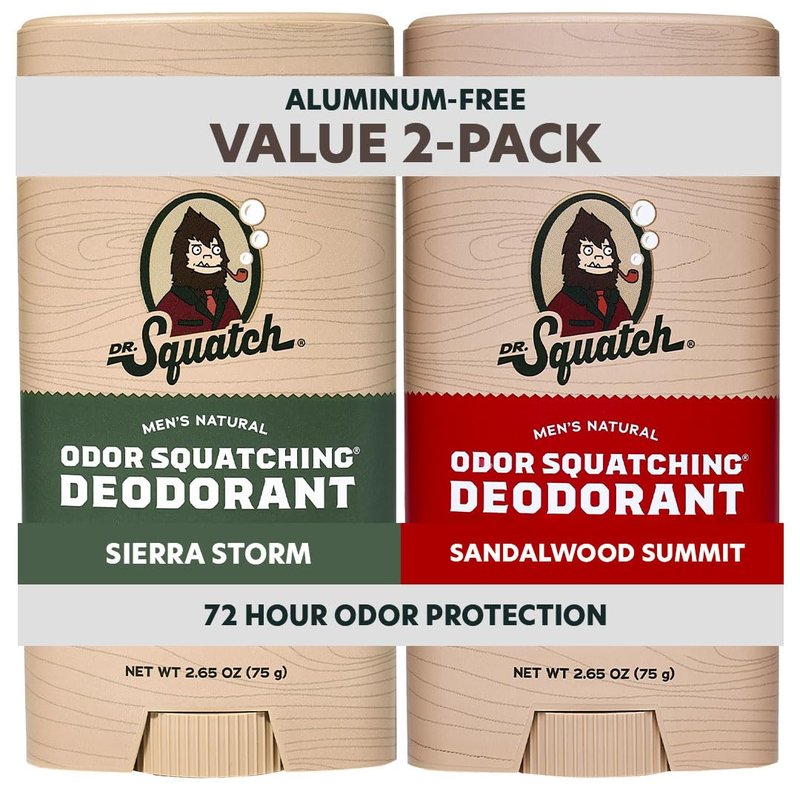 Dr. Squatch Natural Men’s Deodorant – Aluminum Free Natural Deodorant Men with Charcoal & Postbiotics for 72-Hour Odor Protection – Sierra Storm + Sandalwood Summit, 2.65oz Stick (2-Pack)