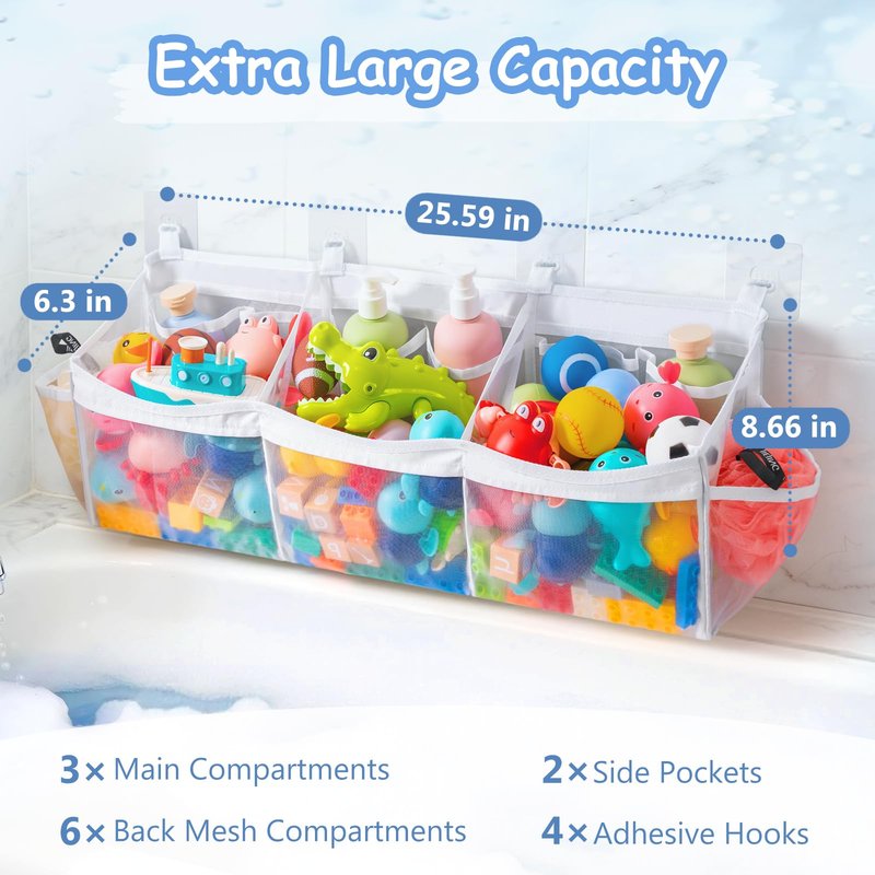 Criusia Extra Large Bath Toy Organizer with 3 Compartments and Multiple Pockets, Quick-Dry Mesh Bathtub Storage for Kids' Toys