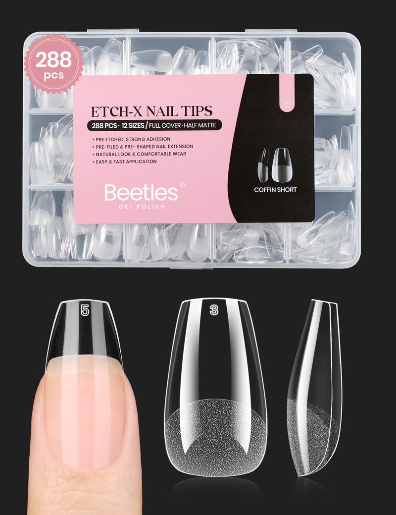Beetles Gel Nail Tips Short Coffin Pre-Etched Nail Tips, 12 Sizes 288 Pcs Full Cover Soft Tips Half Matte False Nails Clear Acrylic Press on Nails Extension DIY Manicure Gifts for Women