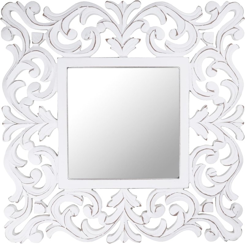Hand Carved Farmhouse Wall Mirror - 18-Inch Square Rustic White Wooden Frame | Decorative Mirror for Bathroom, Living Room & Bedroom
