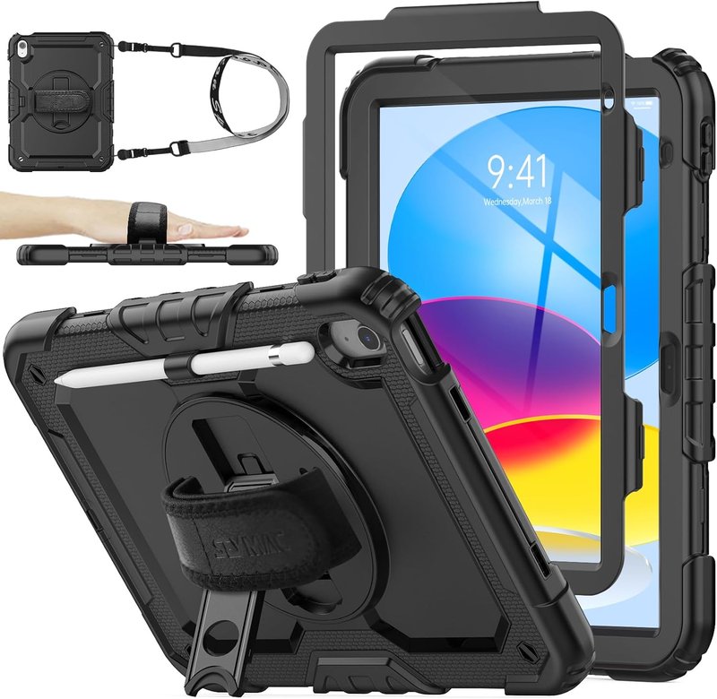 iPad 11th/10th Generation Case - Full-Body Drop Protection with Screen Protector & 360° Rotate Hand Strap | Black