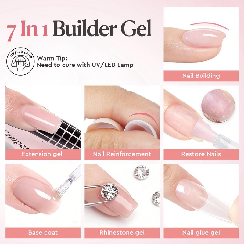 Builder Gel for Nails - 7-in-1 Rose Blush Self-Leveling Nail Strengthener | 18ml UV/LED Soak Off for Beginners
