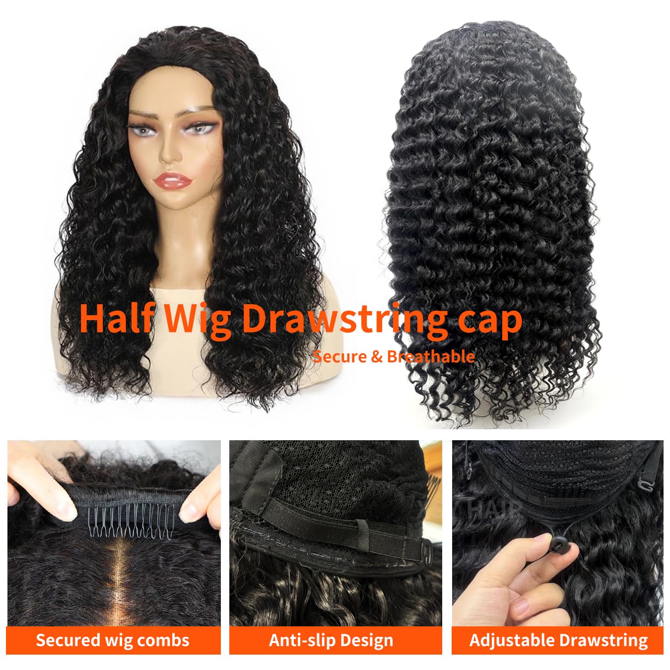 XSY Half Wig Human Hair Deep Wave 3 In 1 Curly Half Wigs for Black Women Wear Go Glueless Headband Wig Beginner Friendly 180% Density 24 Inch