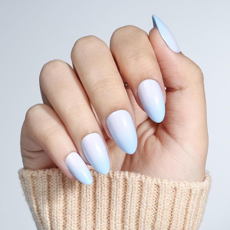 Ombre Press On Nails - Blue Almond French Tip Set | Reusable Fake Nails Kit with Glue, 32 Nails in 16 Sizes