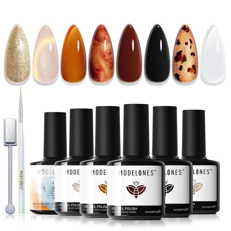 Modelones Gel Nail Polish Set - 6 Colors with Clear Blooming, Glitter & Cat Eye Effects | LED Mani Kit
