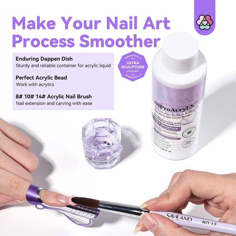 SAVILAND Pure EMA Monomer Acrylic Nail Liquid: 4 oz Pro Acrylic Monomer for Nails Extension with 12# Nail Brush Dappen Dish for Beginners DIY at Home Professional Salon Use