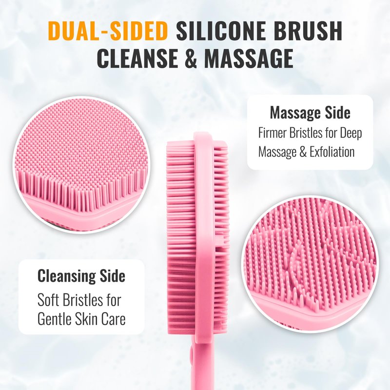 AIMAIAIMAI Silicone Back Scrubber for Shower – 21in Extendable Shower Brush with Long Handle – Dual-Sided Back Brush with Non-Slip Grip, Gentle Cleansing & Exfoliation for Men, Women, Elderly (Pink)