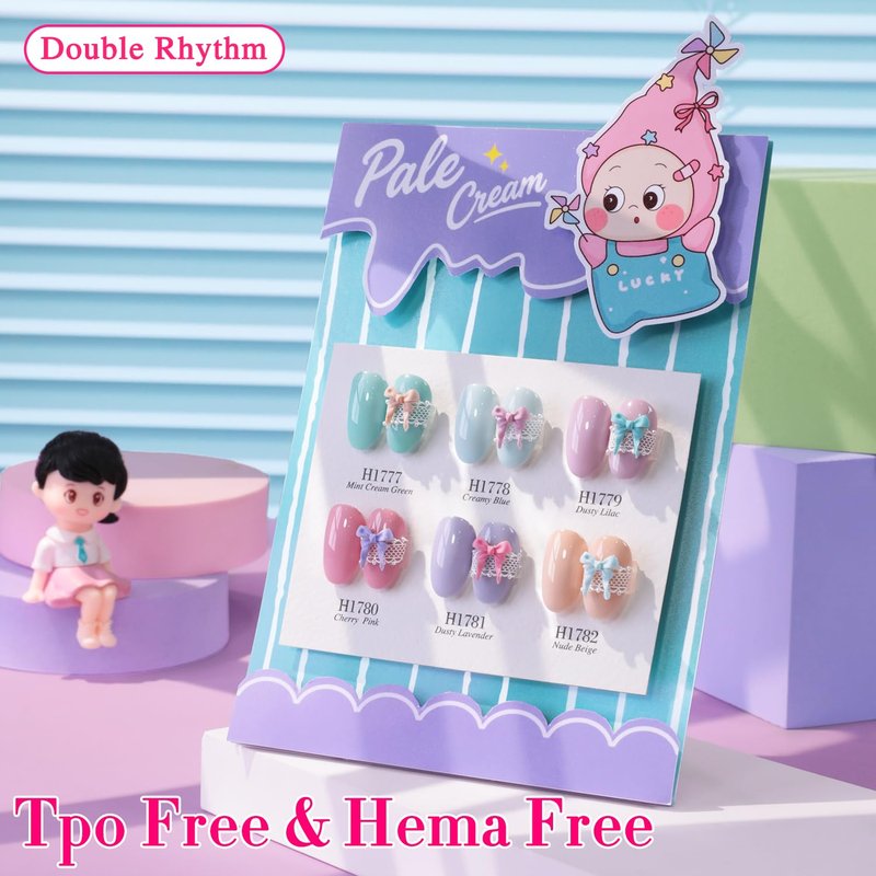 Double Rhythm Gel Polish Set - 6 Pcs Hema-Free Soak Off Nail Kit | Cream, Teal, Nude, Pink, Purple - 0.50 OZ Each