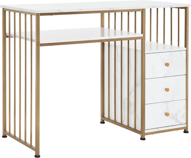 BarberPub Manicure Table - Elegant Golden & Marbling Nail Desk with Storage Drawers | Home Salon Spa Equipment