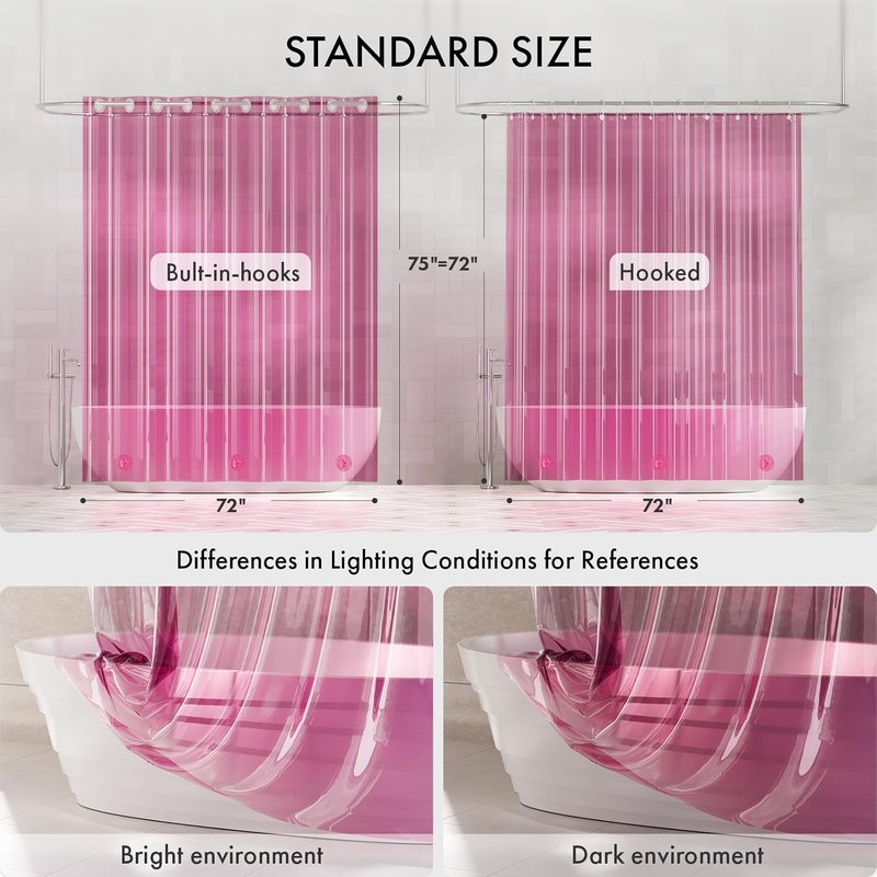 AmazerBath No Hook Shower Curtain and Liner 3-in-1, 8G Luxury Heavy Duty Clear Hot Pink No Hook Shower Curtain Liner, 72x75 Cute EVA Bathroom Weighted Plastic Shower Curtain with 3 Heavyweight Stones
