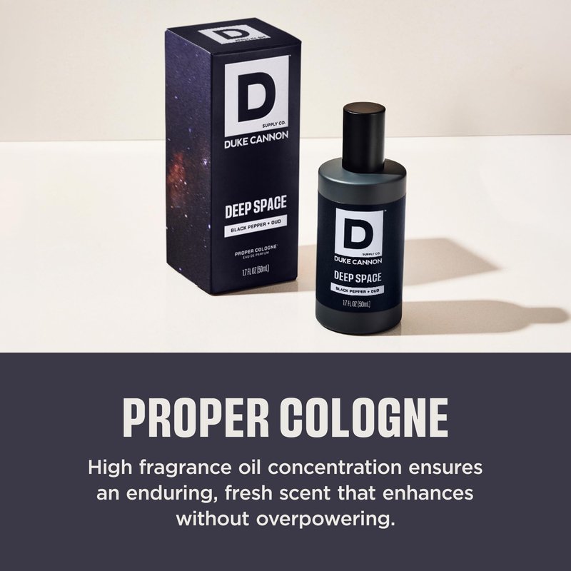 Duke Cannon Proper Cologne for Men - Men's Eau de Parfum - Fragrance for Lasting Wear - Essential Oils - Black Pepper & Oud - Deep Space, 1.7 fl oz
