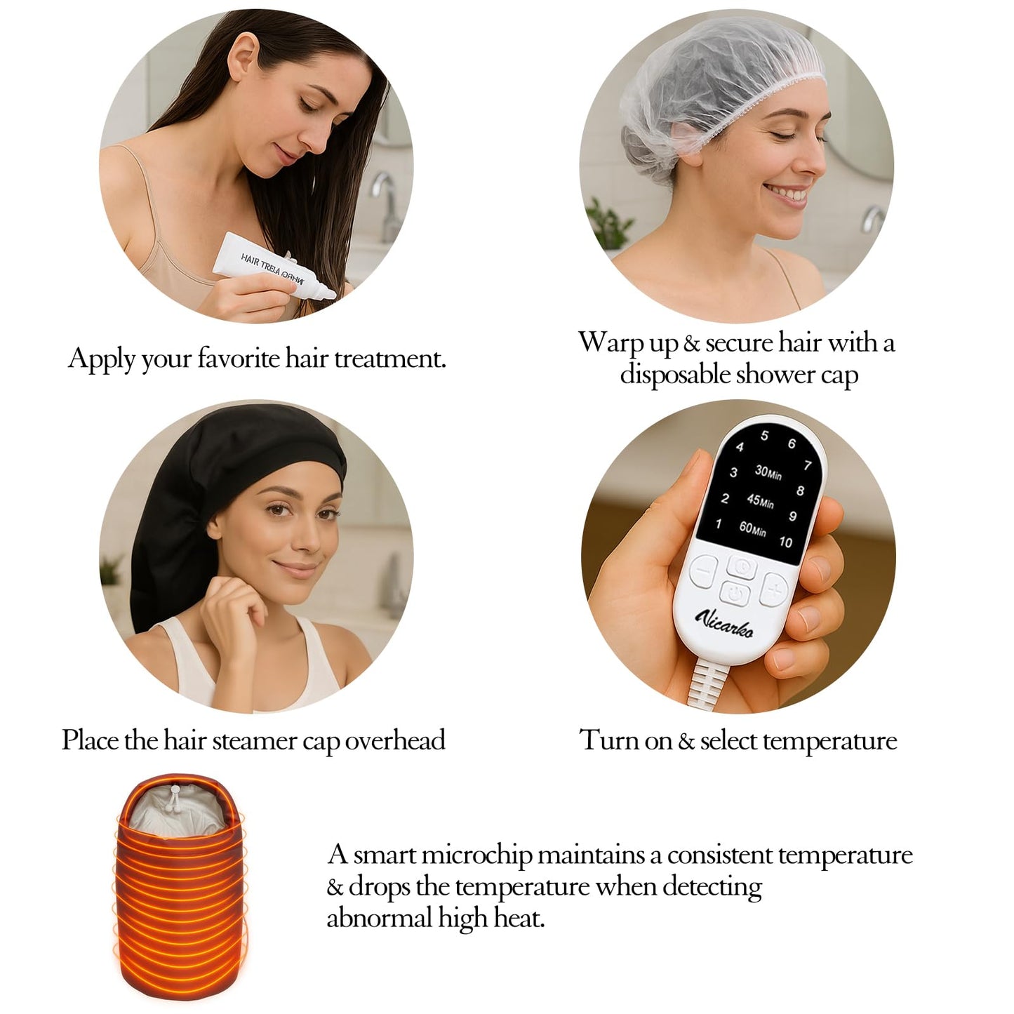 VICARKO Steamer Cap for Deep Conditioning - Extended Hood with 10 Heat Levels, 3 Timers, Portable Thermal Treatment for Natural Curly Hair, Black