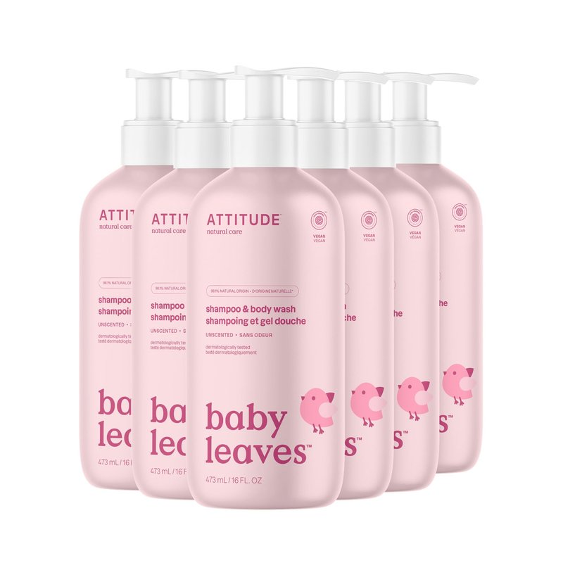 ATTITUDE Baby 2-in-1 Shampoo & Body Wash, EWG Verified, Fragrance Free & Dermatologically Tested, Vegan, Unscented, 16 Fl Oz (Pack of 6)