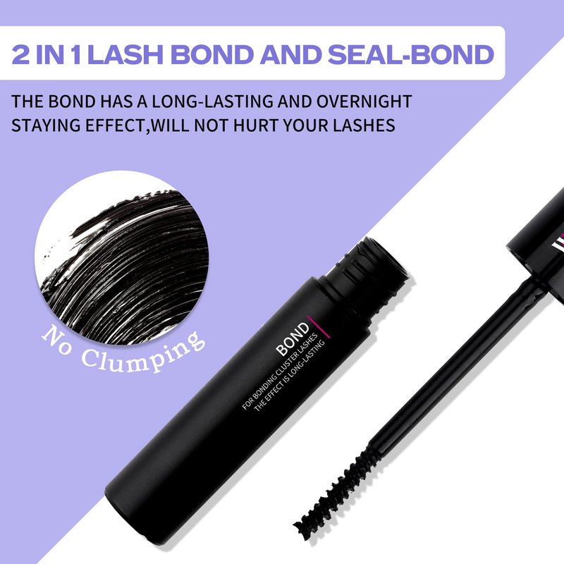 Lash Bond and Seal for Eyelash Cluster: Wendy, Using at Home, 2 in 1 Glue, DIY, Strong & Flexible Hold, 5ml Black Bond, 5ml Clear Seal
