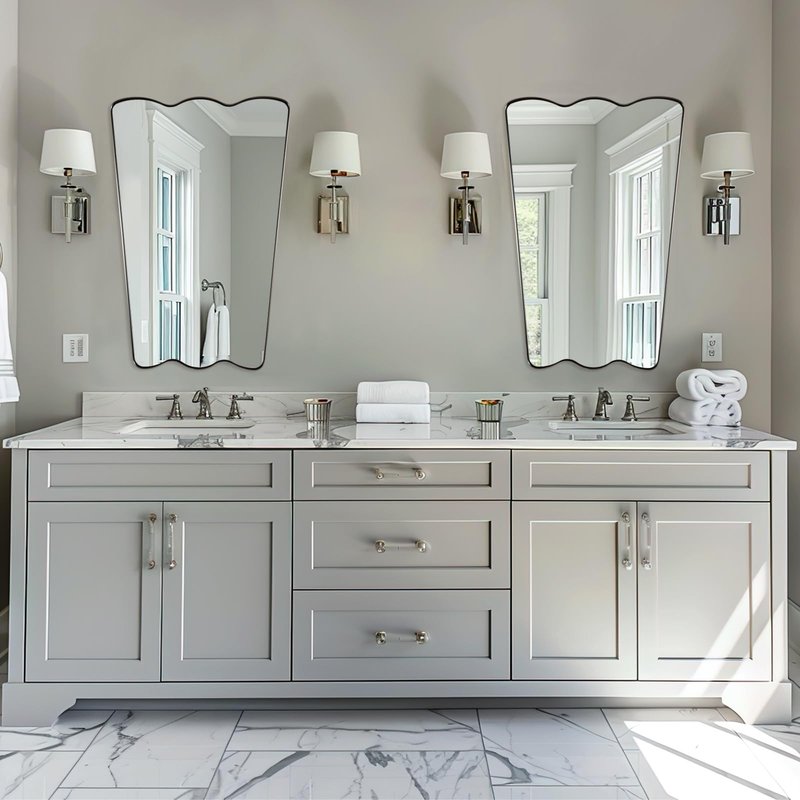 ANDY STAR 24x36 Brushed Nickel Scalloped Bathroom Mirror, Unique Irregular Wall Mirror, Rustproof Stainless Steel Wavy Metal Frame for Contemporary Bathroom Decor