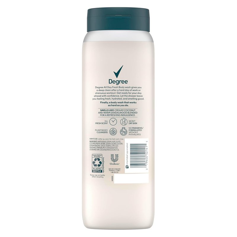 Degree All Day Fresh Body Wash Fresh Coconut Deep Cleansing 20 oz